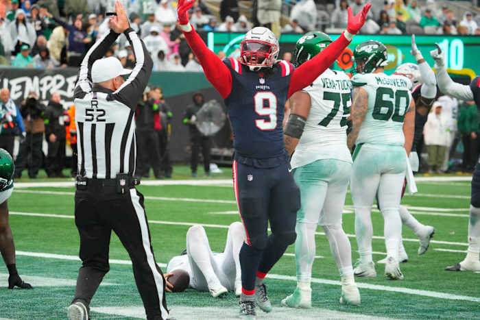 Matthew Judon celebrates after sacking Zach Wilson for a safety late in Week 3.